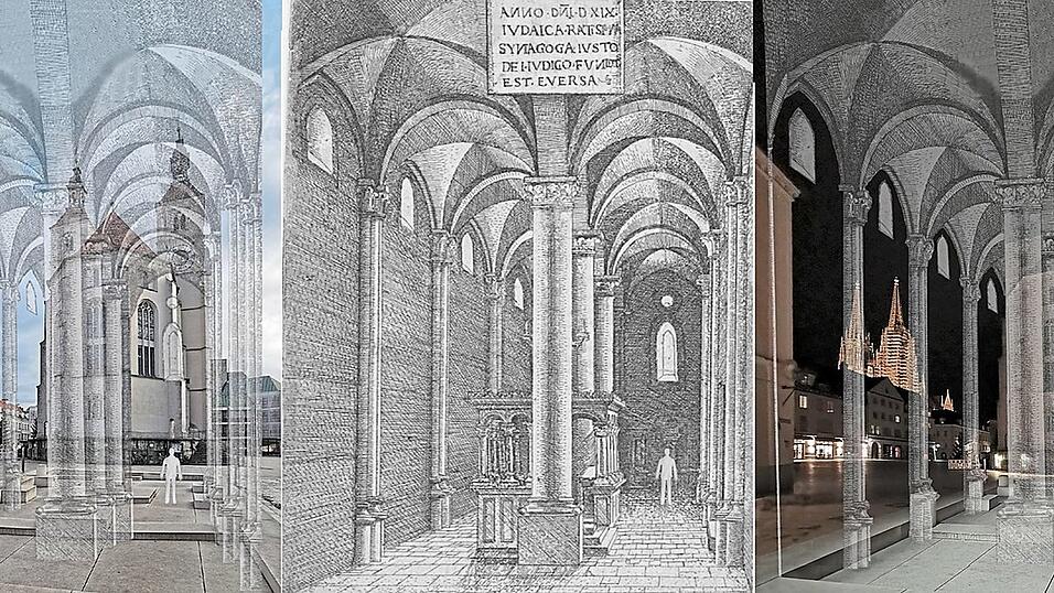 Mithilfe von Photoshop und den Radierungen von Albrecht Altdorfer f&uuml;gte der N&uuml;rnberger Galeriebesitzer Michael Sabadi die im Jahr 1519 zerst&ouml;rte Synagoge in das heutige Stadtbild ein.