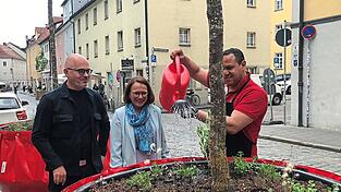 Beim Gießen der Bäume packen die Bewohner mit an: OB Gertrud Malz-Schwarzfischer und Planungsreferent Florian Plajer mit einem Mitarbeiter vom Jerusalem Imbiss, der gerade gießt. Beim Gießen der Bäume packen die Bewohner mit an: OB Gertrud Malz-Schwarzfischer und Planungsreferent Florian Plajer mit einem Mitarbeiter vom Jerusalem Imbiss, der gerade gießt.