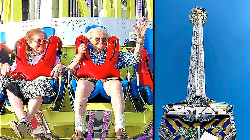Rita und Oswald wagten am zweiten Volksfest-Wochenende die wilde Fahrt im Skyfall. Rita und Oswald wagten am zweiten Volksfest-Wochenende die wilde Fahrt im Skyfall.