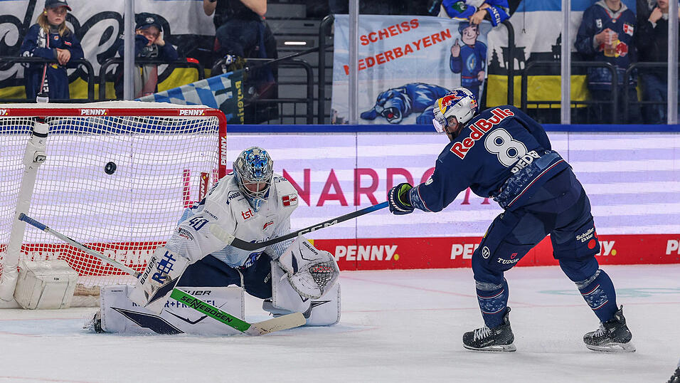 Einen ganz bitteren Abend erlebten Henrik Haukeland, der nach 20 Spielminuten erl&ouml;st wurde, und die Straubing Tigers am vorletzten Spieltag der DEL beim 1:10 in M&uuml;nchen (rechts Nationalst&uuml;rmer Tobias Rieder). H&ouml;her haben die Niederbayern in der DEL nie verloren.