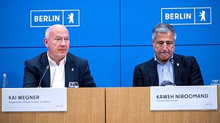 Kai Wegner (links), Regierender Bürgermeister Berlins, und der Olympiabeauftragte Kaweh Niroomand erklärten das Aus der Berliner Bewerbung. Kai Wegner (links), Regierender Bürgermeister Berlins, und der Olympiabeauftragte Kaweh Niroomand erklärten das Aus der Berliner Bewerbung.