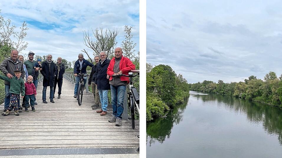 Marktrat Fritz Wenzl (l.) und Landrats-Vize Fritz Wittmann (2.v.r) mit einer Gruppe Marktgemeindebürger, die gerne und regelmäßig den Steg nutzen (Foto links). Der Blick von der Brückenmitte auf die Isar - fern der lärmenden Infrastruktur, mitten in der Natur (Foto rechts).