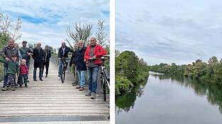 Marktrat Fritz Wenzl (l.) und Landrats-Vize Fritz Wittmann (2.v.r) mit einer Gruppe Marktgemeindebürger, die gerne und regelmäßig den Steg nutzen (Foto links). Der Blick von der Brückenmitte auf die Isar - fern der lärmenden Infrastruktur, mitten in der Natur (Foto rechts).