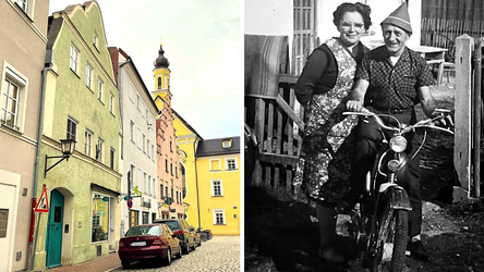 Letzte Lebensstation Herbert Ehlerts: die Herrngasse 378 in Landshut (Bild&nbsp;links, gr&uuml;nes Haus). Hierhin brachte Christian Hajer Eink&auml;ufe f&uuml;r den damals alten Mann. Rechts zu sehen: Frieda Langner lebte nach dem Weltkrieg auch als Fl&uuml;chtling in Frauenberg, sie ist die Gro&szlig;mutter von Christian Hajer. Auf dem Bild neben ihr: Herbert Ehlert, 1963.