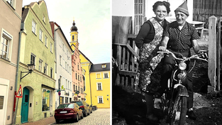 Letzte Lebensstation Herbert Ehlerts: die Herrngasse 378 in Landshut (Bils links, gr&uuml;nes Haus). Hierhin brachte Christian Hajer Eink&auml;ufe f&uuml;r den damals alten Mann. Rechts zu sehen: Frieda Langner lebte nach dem Weltkrieg auch als Fl&uuml;chtling in Frauenberg, sie ist die Gro&szlig;mutter von Christian Hajer. Auf dem Bild neben ihr: Herbert Ehlert, 1963.