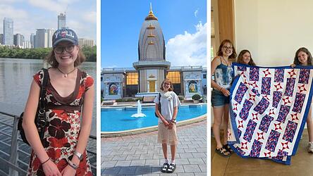 Letzte Momente in den USA: Magdalena beim Ladybird Lake in Austin (links), vor dem Hindu-Tempel ihrer Stadt (Mitte) und mit einem Quilt für Veteranen, den die Schülerin mit Freundinnen im Rotary Club genäht hat.