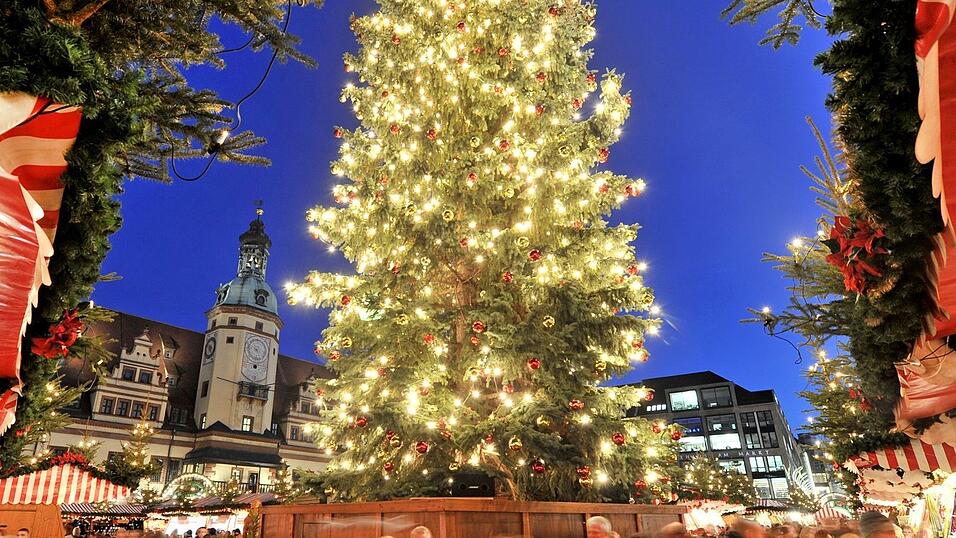 Der Weihnachtsbaum auf dem Leipziger Weihnachtsmarkt vor dem Alten Rathaus. Die meisten Weihnachtsmärkte machen erst Ende November auf. Doch in manchen Städten im deutschsprachigen Raum geht es dieses Jahr so früh los wie noch nie.