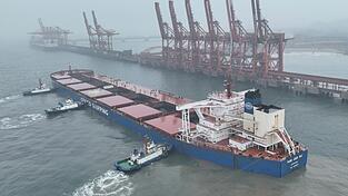 Ein Schiff mit brasilianischem Eisenerz legt im Hafen von Tangsahn an. Chinas Konkuntur hat im April Schwung verloren.