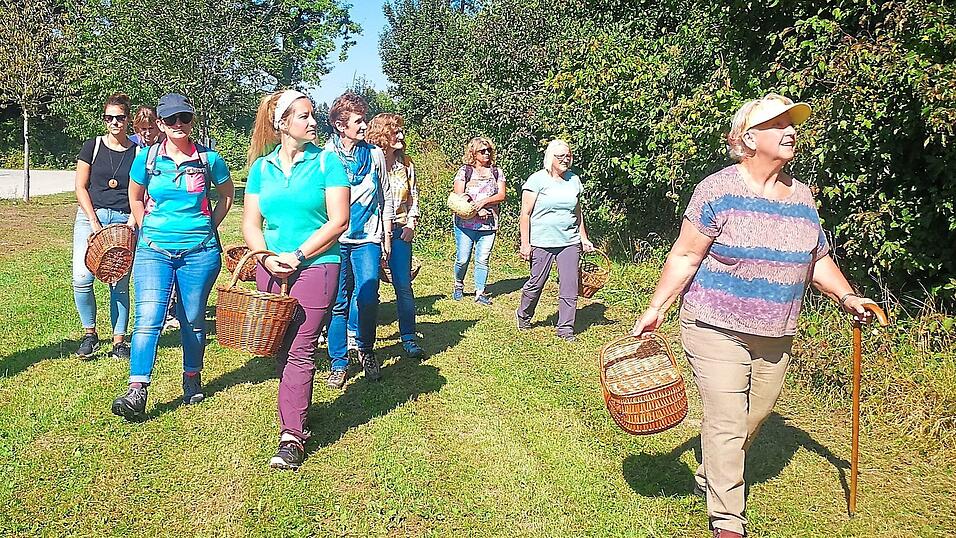 Die Gruppe auf dem Weg neben vielen Str&auml;uchern, von denen Beeren geerntet wurden. Vorne Kr&auml;uterp&auml;dagogin Josefine Moser-W&uuml;rfl.