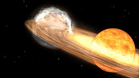In einem Doppelsternsystem, wie bei T Coronae Borealis, zieht der Weiße Zwerg (links) Materie von seinem Begleitstern an, einem Roten Riesen (rechts) – hier künstlerisch dargestellt.