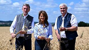 Bauernpr&auml;sident Fel&szlig;ner, Ministerin Kaniber und Getreide-Experte Greif machen sich ein Bild von den Trockensch&auml;den.