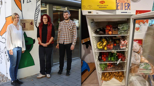 Josef Huber, Botschafter von „Foodsharing Straubing“, Quartiersmanagerin Kerstin Wagner und Melanie Dullinger (v.r.) kämpfen gegen Lebensmittelverschwendung. Innerhalb weniger Stunden nach der Befüllung ist der „Fairteiler“-Kühlschrank meist leer, sagt Dullinger.
