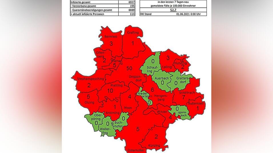 So sieht die Corona-Lage derzeit in den Gemeinden des Landkreises Deggendorf aus. So sieht die Corona-Lage derzeit in den Gemeinden des Landkreises Deggendorf aus.