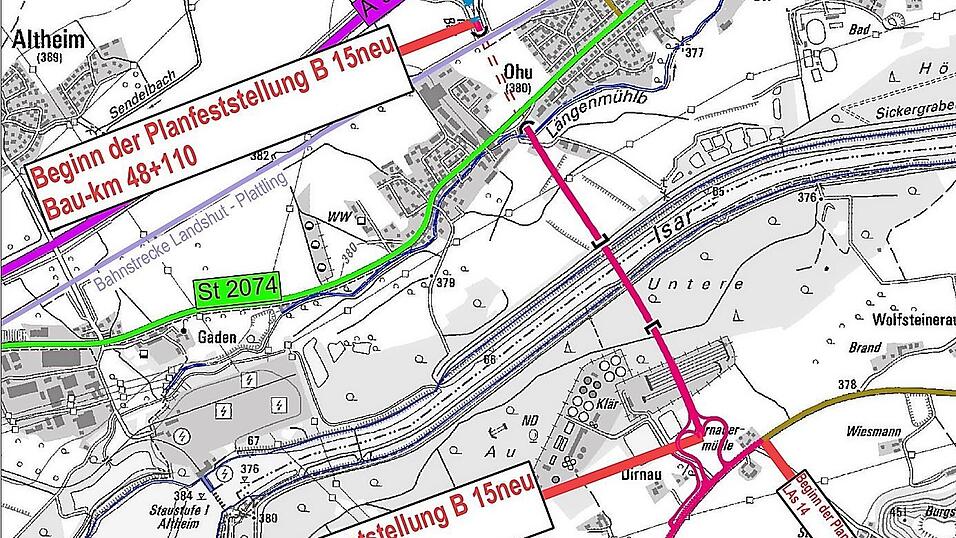 Die Karte verdeutlicht den geplanzen Verlauf der B 15 neu ab Ohu. Die Karte verdeutlicht den geplanzen Verlauf der B 15 neu ab Ohu.
