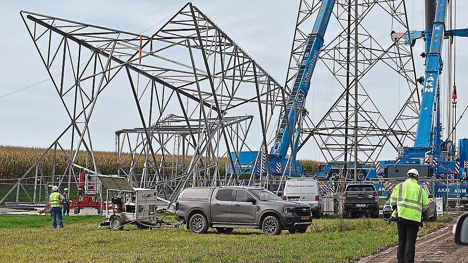 Links seitlich der Baustelle lagerten die zwei neuen Teile des Strommastes, die eingesetzt wurden. - Aus größerer Entfernung konnte man erkennen, dass vier gewaltige Kräne an der Baustelle eingesetzt waren. Links seitlich der Baustelle lagerten die zwei neuen Teile des Strommastes, die eingesetzt wurden. - Aus größerer Entfernung konnte man erkennen, dass vier gewaltige Kräne an der Baustelle eingesetzt waren.