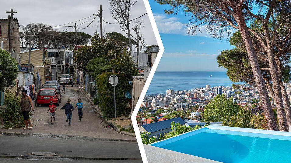 Zwei Fotos, die kaum unterschiedlicher sein könnten, beide aufgenommen in Kapstadt. Links das Township Imizamo Yethu, rechts der Ausblick von einer Luxus-Villa.