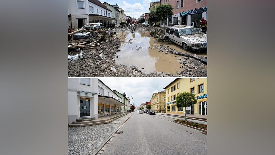 Die Bildkombo zeigt einen von der Flut betroffenen Ortsteil (oben Archivaufnahme vom 3. Juni 2016, unten Aufnahme vom 21. Mai 2021).