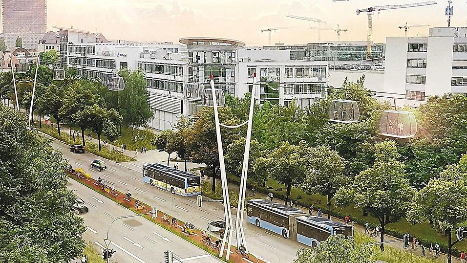 Unten Stau, oben freie Fahrt: Könnte eine Seilbahn von Dachau nach München Realität werden? Für die Seilbahn so wie hier im Bild über dem Frankfurter Ring gibt es bereits eine Machbarkeitsstudie. Unten Stau, oben freie Fahrt: Könnte eine Seilbahn von Dachau nach München Realität werden? Für die Seilbahn so wie hier im Bild über dem Frankfurter Ring gibt es bereits eine Machbarkeitsstudie.