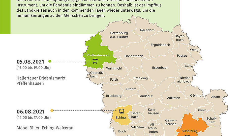 Die geplante Route des Impfbusses zu Wochenmärkten im Landkreis Landshut. Die geplante Route des Impfbusses zu Wochenmärkten im Landkreis Landshut.