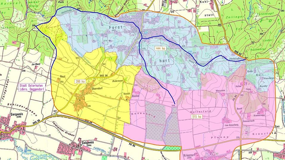 Der &Uuml;bersichtsplan zum Sturzflutrisikomanagement der drei Kommunen Osterhofen, K&uuml;nzing und Forsthart am sogenannten Forstharter R&uuml;cken.