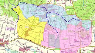 Der &Uuml;bersichtsplan zum Sturzflutrisikomanagement der drei Kommunen Osterhofen, K&uuml;nzing und Forsthart am sogenannten Forstharter R&uuml;cken.