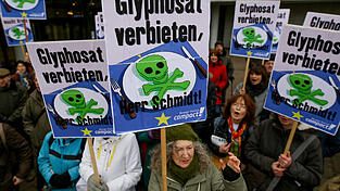 Demonstranten protestieren am 15.03.2016 in Hamburg gegen den Einsatz des Pflanzenschutzmittels Glyphosat. Demonstranten protestieren am 15.03.2016 in Hamburg gegen den Einsatz des Pflanzenschutzmittels Glyphosat.