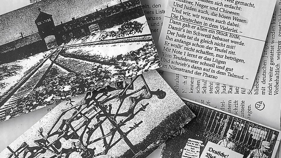 Unterrichtsmaterial in der Religionsstunde (von links oben im Uhrzeigersinn): KZ Auschwitz-Birkenau, rassistisches Kindergedicht, Mann zur NS-Zeit mit einem Schild: 'Deutsche! Wehrt euch! Kauft nicht bei Juden!' und ein Holocaust-Denkmal in Jerusalem. Unterrichtsmaterial in der Religionsstunde (von links oben im Uhrzeigersinn): KZ Auschwitz-Birkenau, rassistisches Kindergedicht, Mann zur NS-Zeit mit einem Schild: 'Deutsche! Wehrt euch! Kauft nicht bei Juden!' und ein Holocaust-Denkmal in Jerusalem.