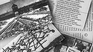 Unterrichtsmaterial in der Religionsstunde (von links oben im Uhrzeigersinn): KZ Auschwitz-Birkenau, rassistisches Kindergedicht, Mann zur NS-Zeit mit einem Schild: 'Deutsche! Wehrt euch! Kauft nicht bei Juden!' und ein Holocaust-Denkmal in Jerusalem.