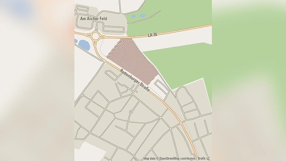 In dem rot markierten Bereich zwischen Rottenburger Stra&szlig;e und LA26 k&ouml;nnte ein neues Gewerbegebiet entstehen.