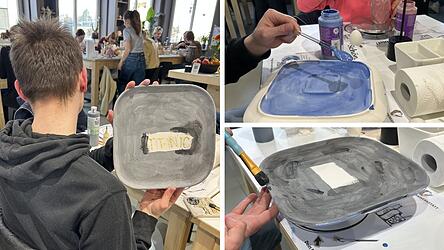 Mit Blau stellt Kilian das Meer unten auf seinem Titanic-Teller dar. Das Schwarz oben steht f&uuml;r den Rumpf des Schiffes