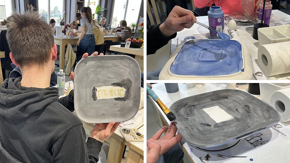 Mit Blau stellt Kilian das Meer unten auf seinem Titanic-Teller dar. Das Schwarz oben steht f&uuml;r den Rumpf des Schiffes