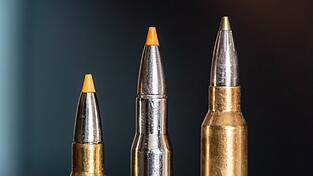 Jagdpatronen im Kaliber 308 Winchester (l-r), 30-06 Springfield und 300 Winchester Magnum stehen bei einem Jäger auf einem Waffenschrank. (Symbolbild) Jagdpatronen im Kaliber 308 Winchester (l-r), 30-06 Springfield und 300 Winchester Magnum stehen bei einem Jäger auf einem Waffenschrank. (Symbolbild)