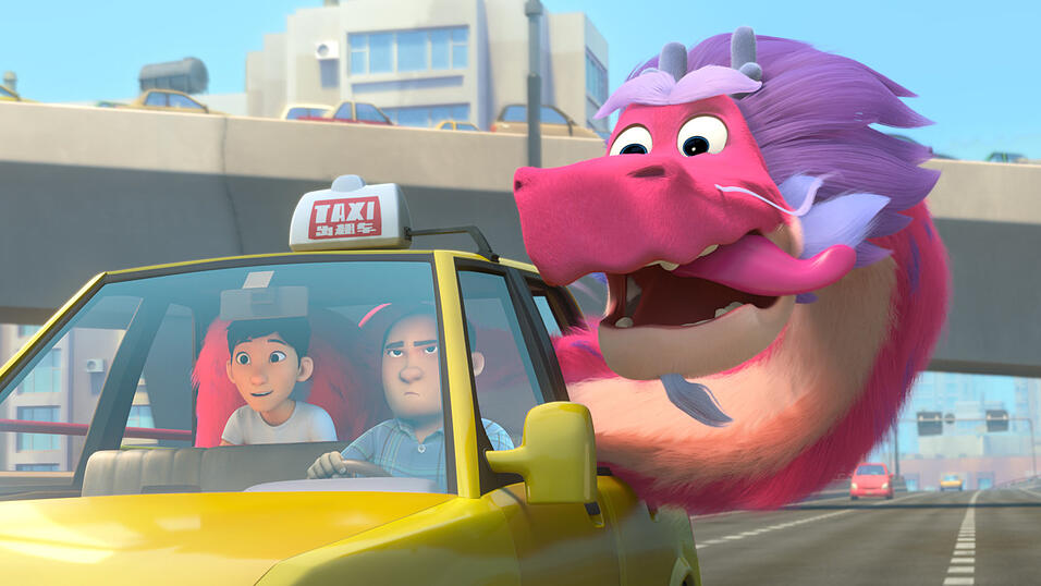 Der Wunschdrache Long erlaubt es dem Studenten Din nicht, auf seinem R&uuml;cken zu reiten. Deshalb nehmen sie das Taxi.