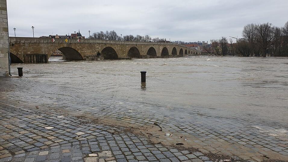 Die Donau in Regensburg am Freitagmittag. Aktuell gilt in der Stadt die Hochwasserwarnstufe 2. Die Donau in Regensburg am Freitagmittag. Aktuell gilt in der Stadt die Hochwasserwarnstufe 2.