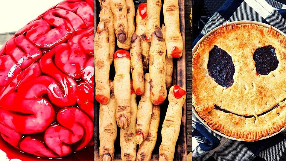 Ein blutiges Gehirn, knusprige Zombiefinger, ein Kuchen mit Gruselgesicht sind definitiv geniale Halloween-Snack-Ideen! Mehr Leibspeisen mit Gruselfaktor gibt es hier!
