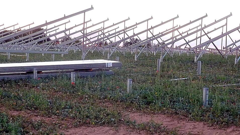Der Aufbau der St&auml;nder f&uuml;r die PV-Module auf dem Feld in Richtung Siedling hat begonnen.
