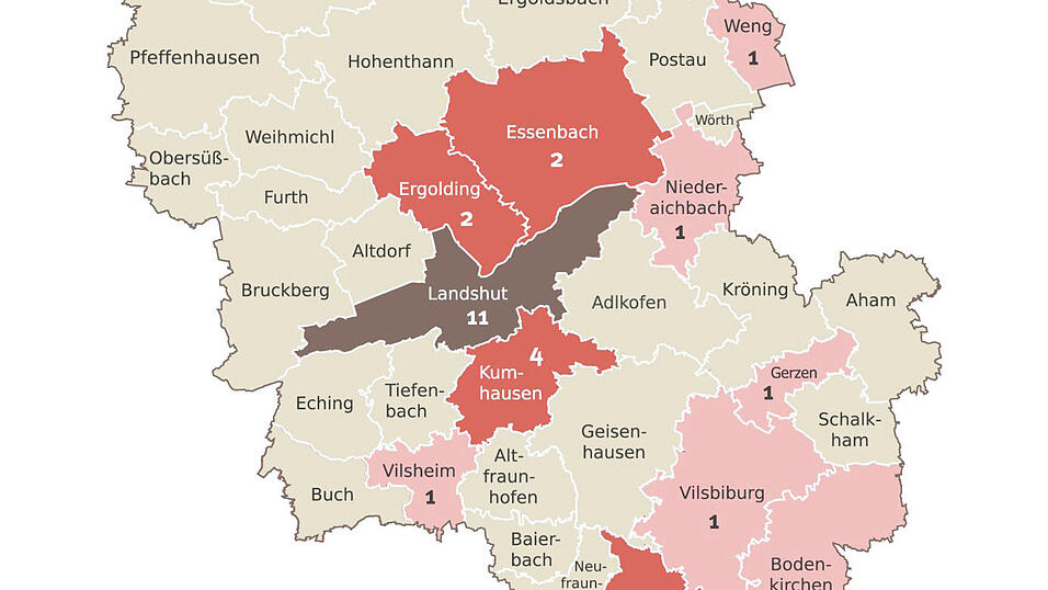 Corona-Infektionen gibt es aktuell in der Stadt Landshut (11) sowie in Kumhausen (4), Ergolding, Essenbach und Velden (je 2) sowie in Bodenkirchen, Gerzen, Niederaichbach, Vilsheim, Vilsbiburg und Weng (jeweils 1). Corona-Infektionen gibt es aktuell in der Stadt Landshut (11) sowie in Kumhausen (4), Ergolding, Essenbach und Velden (je 2) sowie in Bodenkirchen, Gerzen, Niederaichbach, Vilsheim, Vilsbiburg und Weng (jeweils 1).