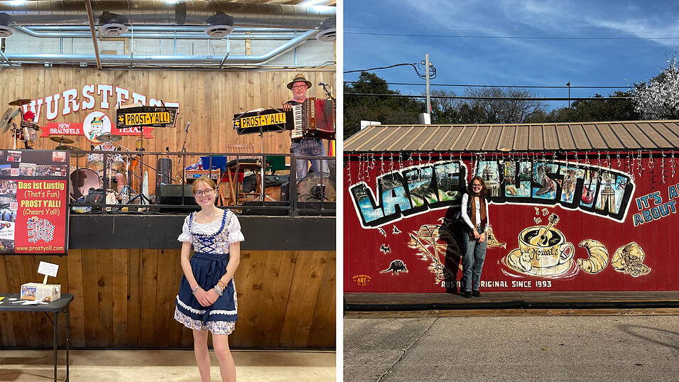 Magdalena beim Wurstfest – natürlich im Dirndl – und in Austin.