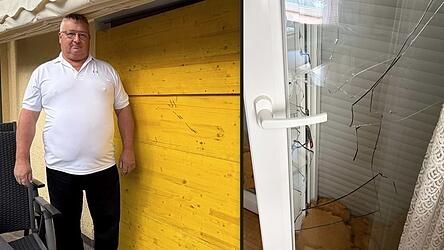 Den Zugang von der Terrasse in die Wohnung hat AfD-Stadtrat Norbert Högl provisorisch mit Holzbrettern gesichert (linkes Bild). Durch die zerstörte Terrassentür gelangte der Einbrecher in die Wohnung (rechts). Den Zugang von der Terrasse in die Wohnung hat AfD-Stadtrat Norbert Högl provisorisch mit Holzbrettern gesichert (linkes Bild). Durch die zerstörte Terrassentür gelangte der Einbrecher in die Wohnung (rechts).