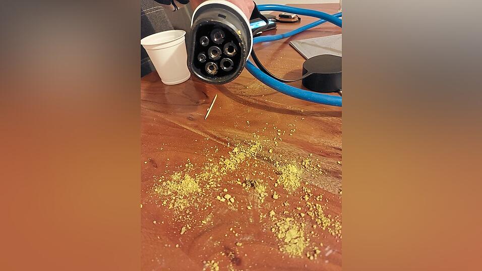 Pollen war im Ladekabel: Wildbienen hatten den Stecker offensichtlich f&uuml;r ein Insektenhotel gehalten.