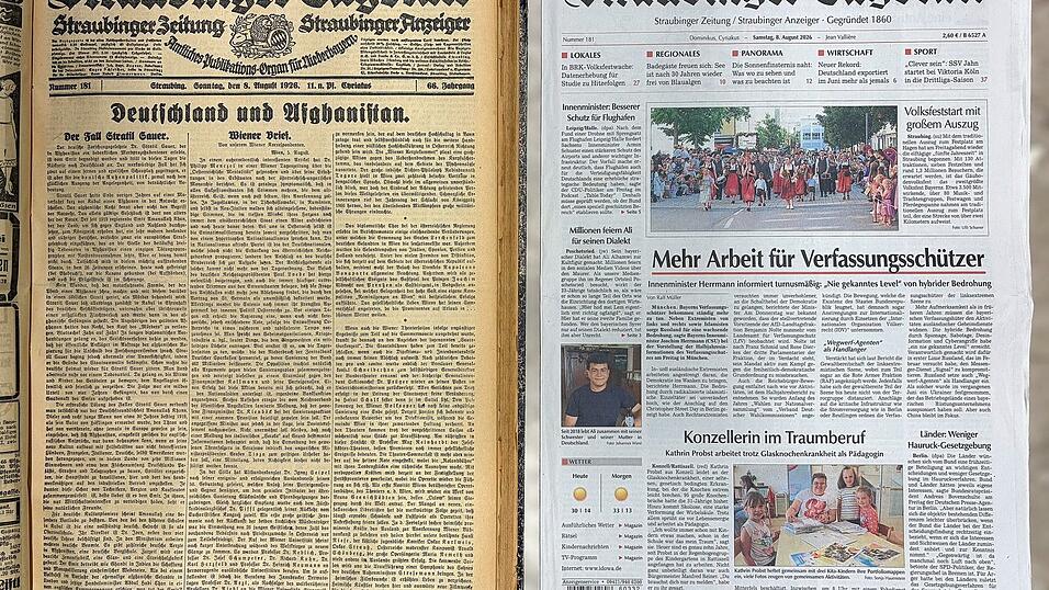 Titelseiten des Straubinger Tagblatts im Abstand von 100 Jahren, links vom 8. August 1926 und rechts vom 8. August 2026.