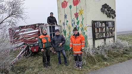 Mit einer Hebebühne von Michael Able (v. l.) setzen Fritz Felixberger, Franz Meindl (BN) und Uli Höhl die Nistkästen in Stand.