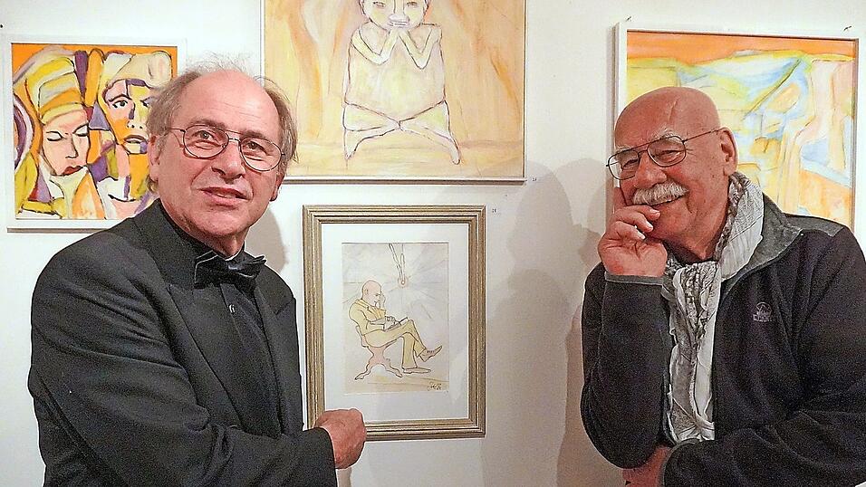 Im 'Artonicon' stellt der Maler Jock Saller (rechts) unter dem Titel 'Kaleidoskop' eine Auswahl seiner Werke aus, darunter auch 'Der Denker' aus dem Jahre 1992, das nach Laudator Hannes G. Langrieger mit der auf f&uuml;nf vor zw&ouml;lf stehenden Uhr auf die Verantwortung der Menschen f&uuml;r ihre Erde hinweist.