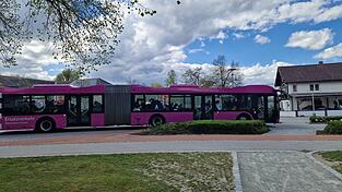 Einer der purpurfarbenen Schienenersatzverkehr-Busse am Dr.-Schl&ouml;gl-Platz in Landau