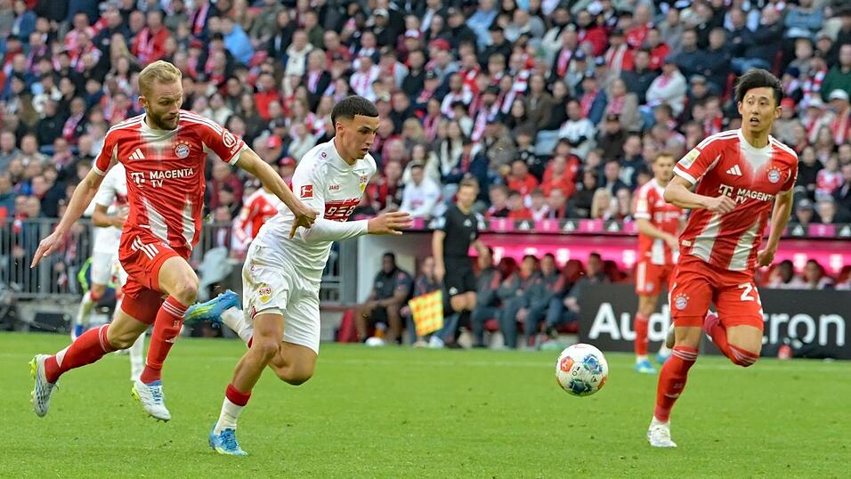 Stehen sich im Pokalfinale gegen&uuml;ber: Stuttgarts  Bilal El Khannouss und die Bayern-Profis Hiroki Ito und Konrad Laimer. (Archivbild)