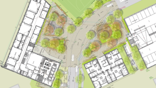 Ein Lageplan des Quartiersplatzes: links ist die Kita eingezeichnet, rechts unten das kommunale Wohngebäude und rechts außen die Quartiersgarage.