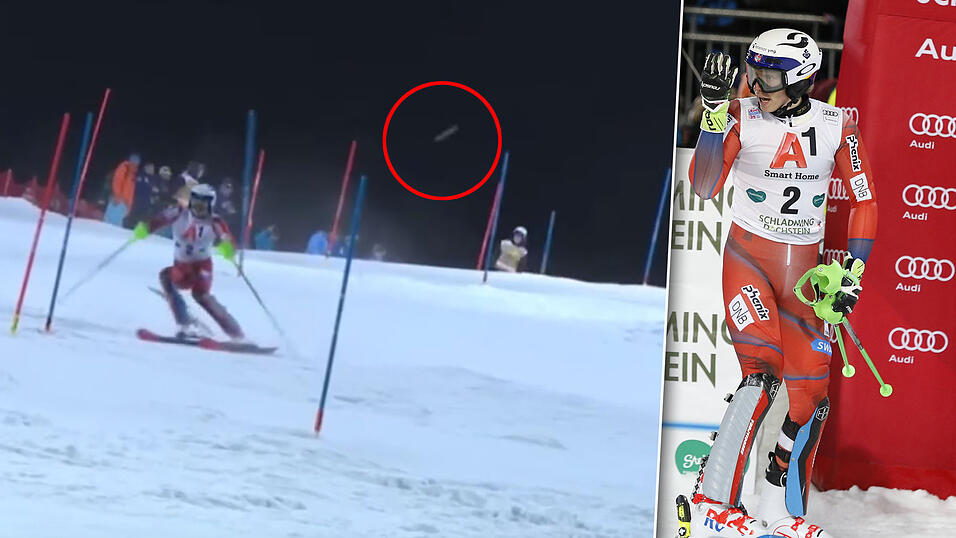 Im roten Kreis sieht man einen der Schneebälle, die auf Henrik Kristoffersen geworfen wurden. Im roten Kreis sieht man einen der Schneebälle, die auf Henrik Kristoffersen geworfen wurden.