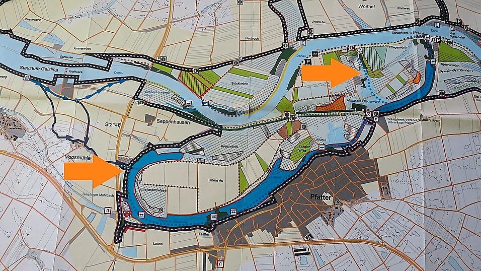 Seit Jahrzehnten ist das Problem bekannt, wie diese alte Karte zeigt: Weil die versprochenen Zuflüsse nie gegraben worden sind (orange Pfeile), sterben Fische und andere Wasserlebewesen ab, während Mücken optimale und sichere Brutflächen vorfinden.