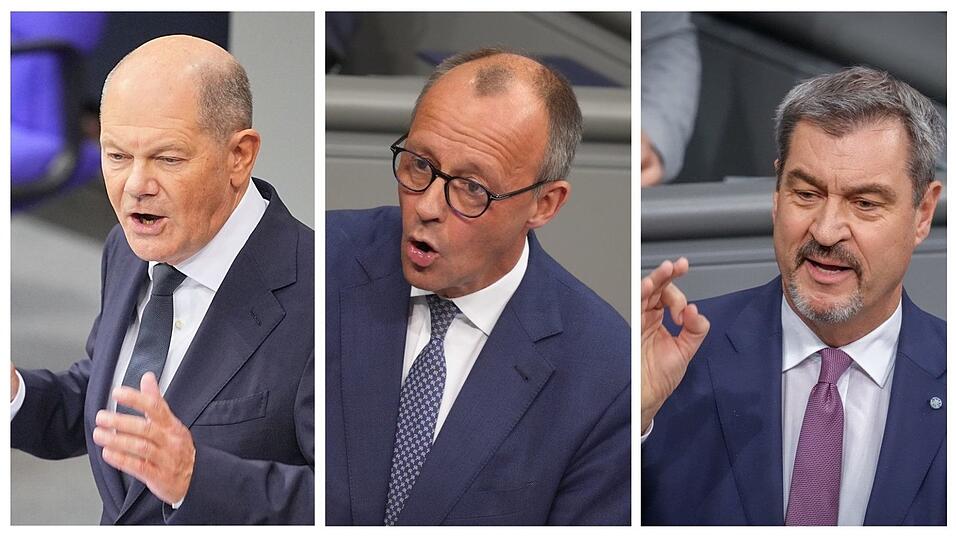 Olaf Scholz (links) gibt am Mittwoch eine Regierungserklärung ab - erklärt jedoch wenig. Bei Friedrich Merz (Mitte) stößt das auf wenig Begeisterung. Markus Söder wirft dem Kanzler gar stil- und würdeloses Handeln vor. Olaf Scholz (links) gibt am Mittwoch eine Regierungserklärung ab - erklärt jedoch wenig. Bei Friedrich Merz (Mitte) stößt das auf wenig Begeisterung. Markus Söder wirft dem Kanzler gar stil- und würdeloses Handeln vor.