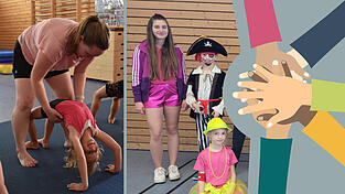 Zusammen mit einer Trainerin betreut Regina das Kinderturnen (links). Jasmin mit Kindern bei der Faschingssportstunde. Zusammen mit einer Trainerin betreut Regina das Kinderturnen (links). Jasmin mit Kindern bei der Faschingssportstunde.